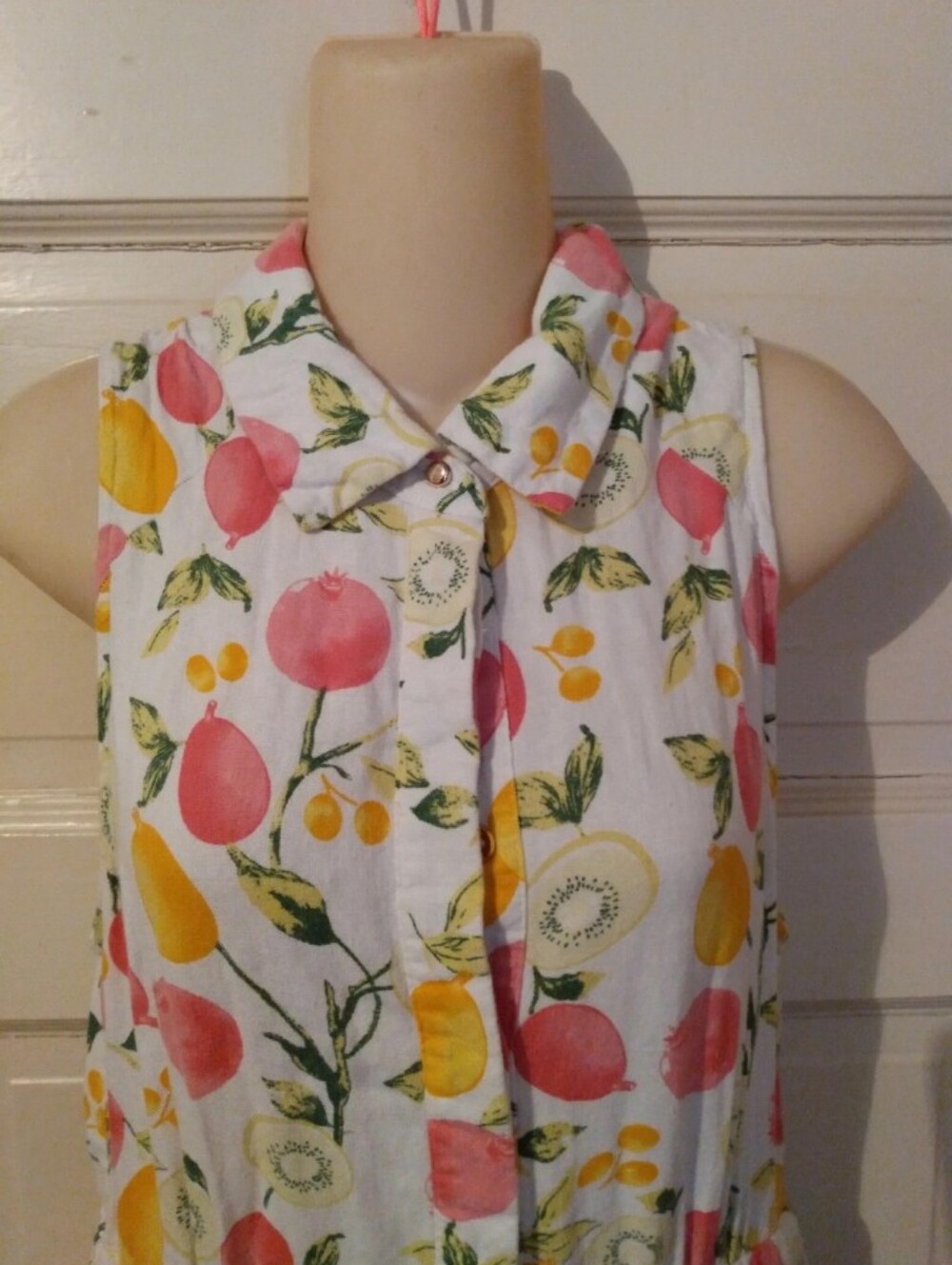 Linen Dropped Waist Button Lined Shirt Dress Fruit Print Cottagecore Fairycore